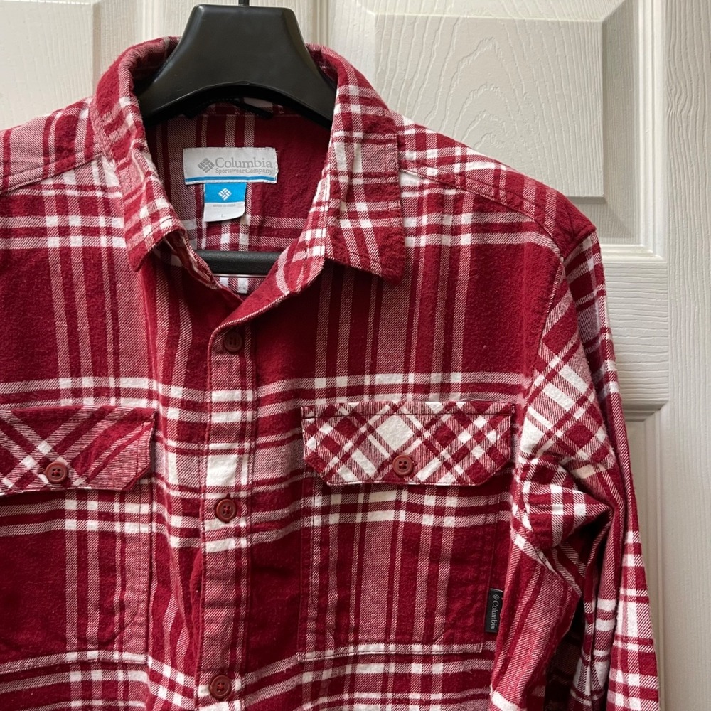 Columbia‎ Men's Large Red/White Plaid Long Sleeve Flannel Double Pocket